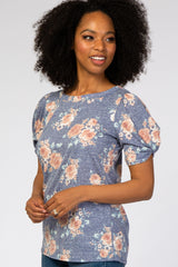 Blue Floral Short Twisted Sleeve Top