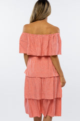 Pink Polka Dot Off Shoulder Ruffle Layered Midi Dress
