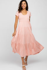 Pink Short Sleeved Tiered Maxi Dress