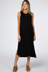 Black Front Button Hi-Low Maternity Midi Dress