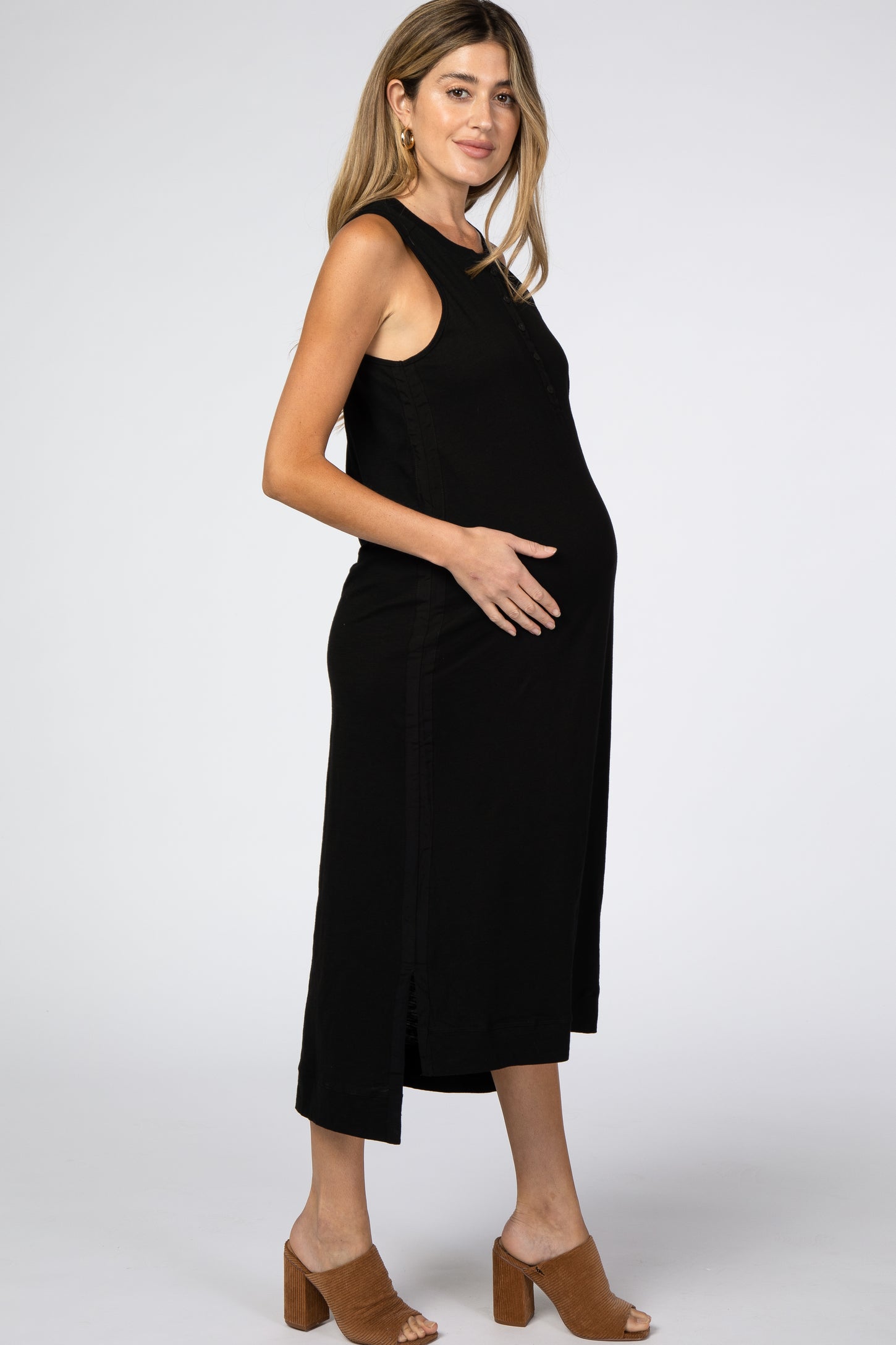 Black Front Button Hi-Low Maternity Midi Dress