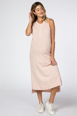 Pink Front Button Hi-Low Maternity Midi Dress