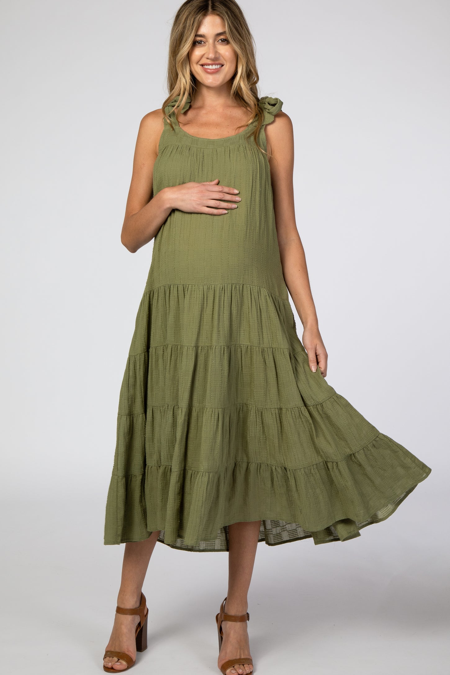 Olive Shoulder Tie Tiered Maternity Midi Dress