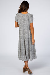 Black Floral Chiffon Ruffle Hem Midi Dress