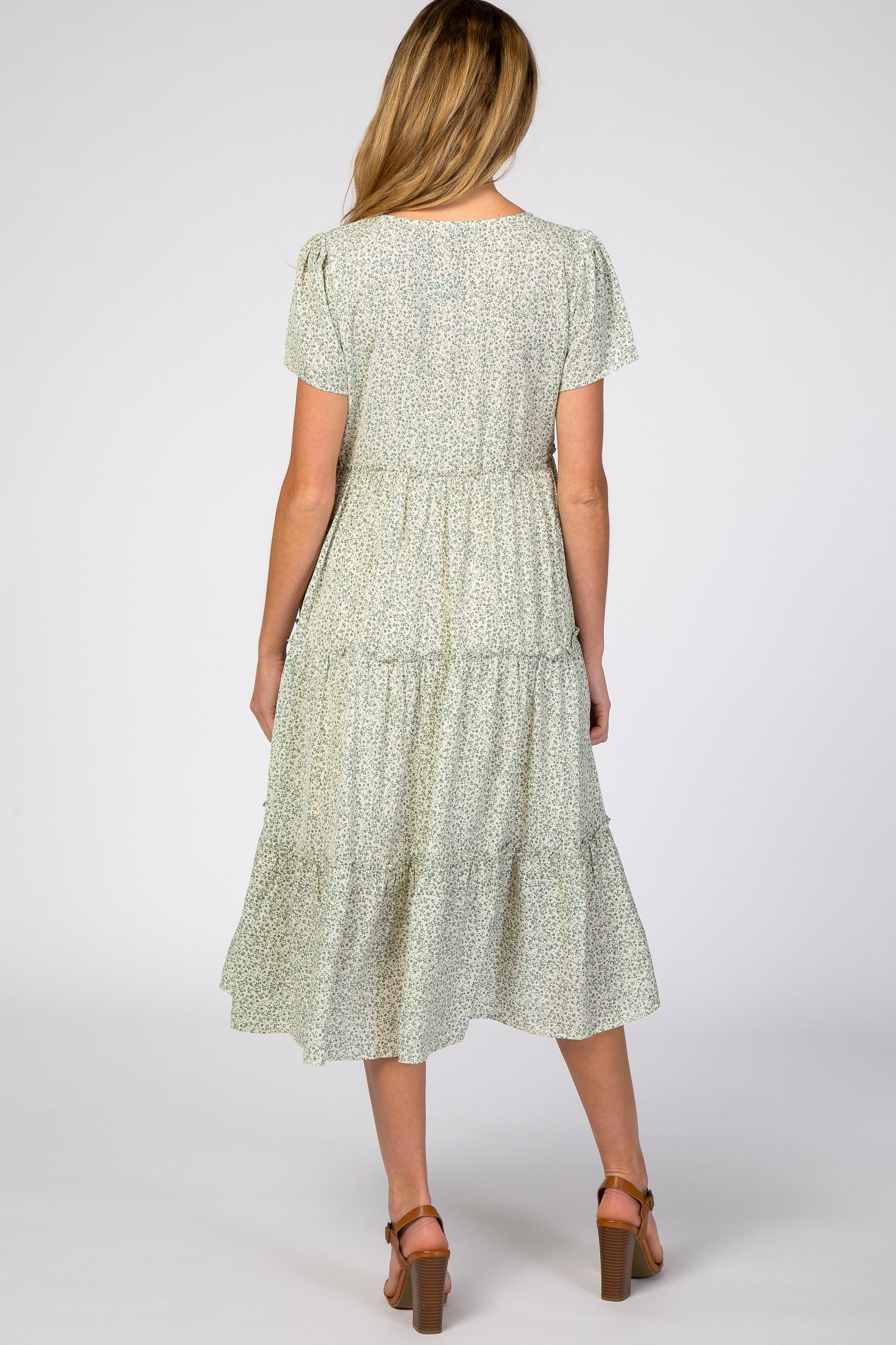 Light Olive Floral Chiffon Ruffle Hem Maternity Midi Dress – PinkBlush