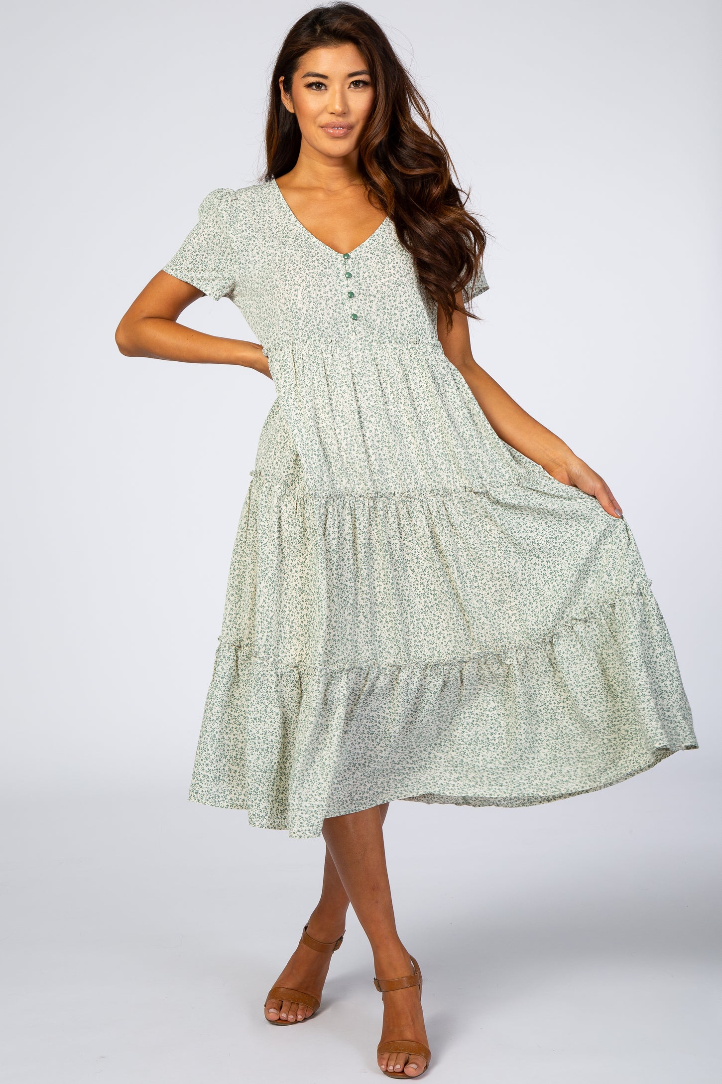 Light Olive Floral Chiffon Ruffle Hem Maternity Midi Dress – PinkBlush