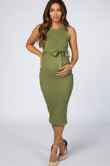 Olive Ribbed Knit Sleeveless Maternity Midi Dress