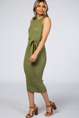 Olive Ribbed Knit Sleeveless Midi Dress