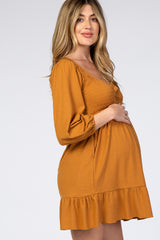 Camel Textured Stripe Sweetheart Neck Maternity Dress