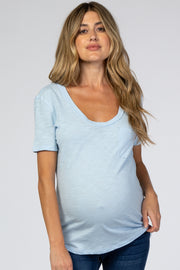 Light Blue Scoop Neck Pocket Front Maternity Top