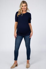 Navy Ribbed Ruched Fitted Maternity Top