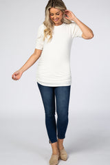 Ivory Ribbed Ruched Fitted Maternity Top