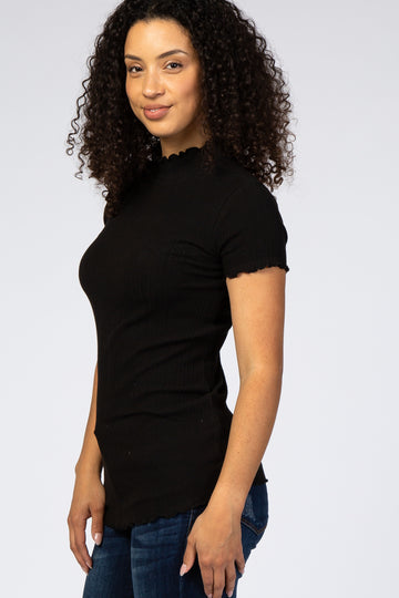 Black Ribbed Ruffle Trim Top