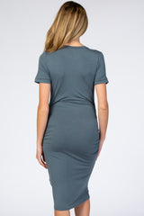 Teal Basic Short Sleeve Fitted Maternity Dress