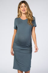 Teal Basic Short Sleeve Fitted Maternity Dress