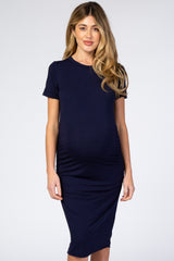 Navy Blue Basic Short Sleeve Fitted Maternity Dress