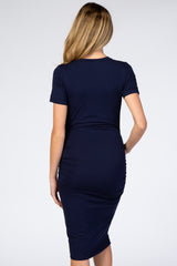 Navy Blue Basic Short Sleeve Fitted Maternity Dress