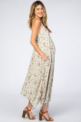 Light Mint Floral Asymmetrical Hem Maternity Dress
