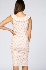 Light Pink Floral Ribbed Fitted Maternity Dress