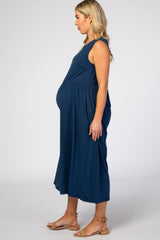 Navy Blue Wide Leg Crop Maternity Jumpsuit