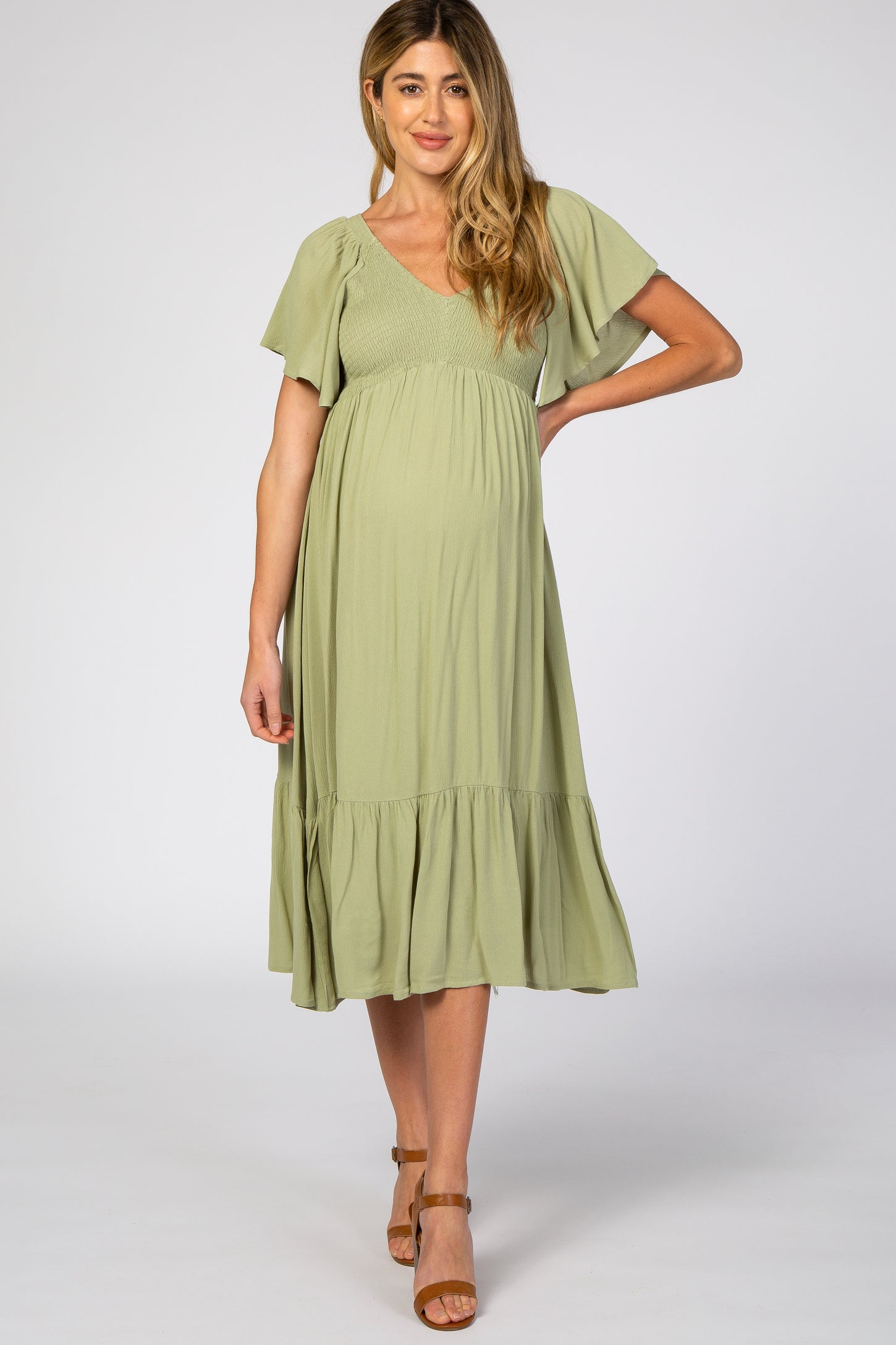 Light Olive Smocked Ruffle Maternity Dress– PinkBlush