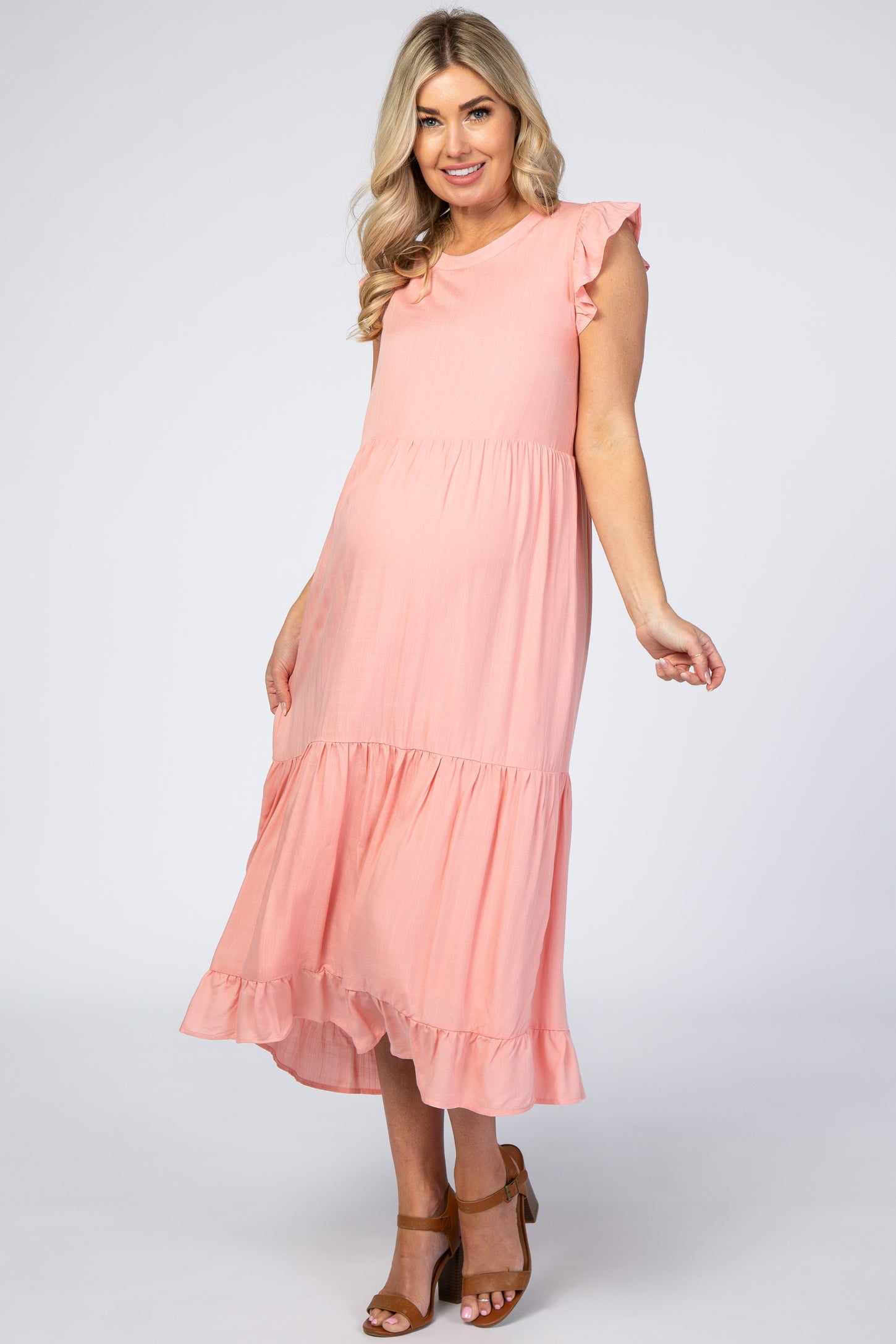 Pink Ruffle Sleeve Tiered Maternity Midi Dress