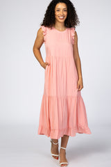 Pink Ruffle Sleeve Tiered Maternity Midi Dress