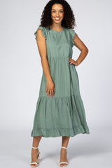 Sage Ruffle Sleeve Tiered Midi Dress