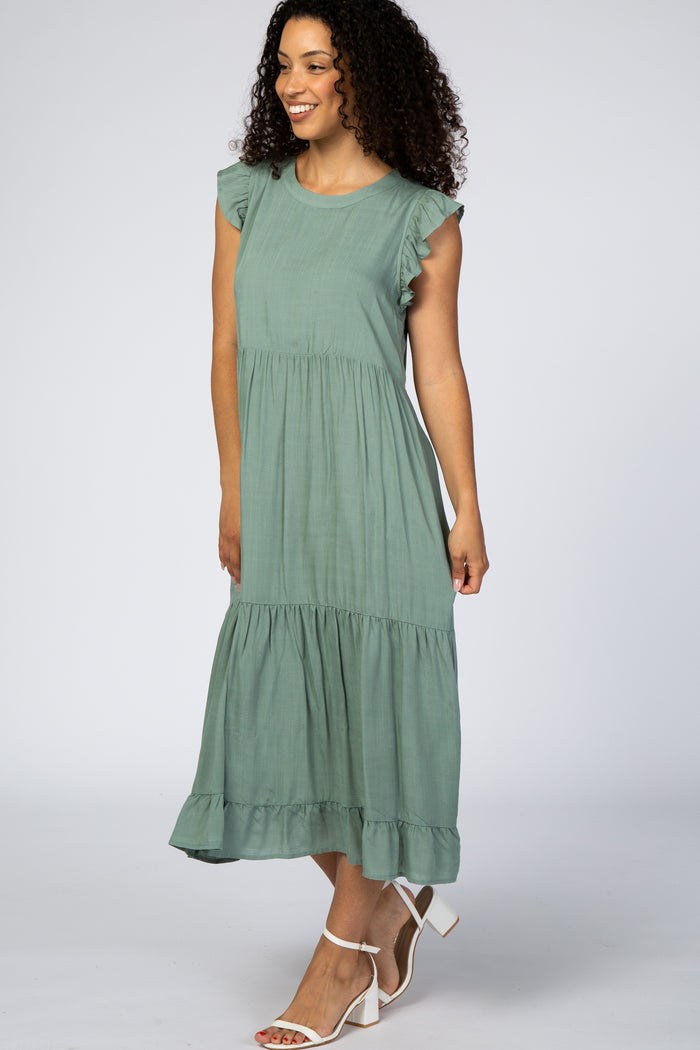 Sage Ruffle Sleeve Tiered Midi Dress
