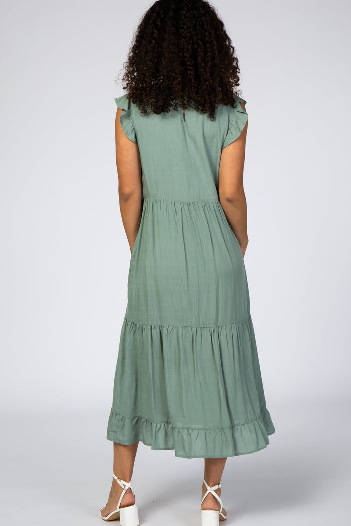 Sage Ruffle Sleeve Tiered Midi Dress