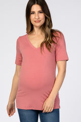 Rose Pink V-Neck Short Sleeve Basic Maternity Top