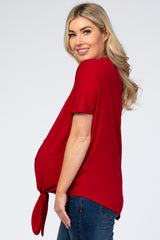 Dark Red Front Tie Button Accent Short Sleeve Maternity Top