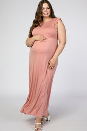 Pink Ruffle Sleeve Maternity Plus Maxi Dress