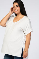 Light Grey V-Neck Cuffed Short Sleeve Plus Maternity Top