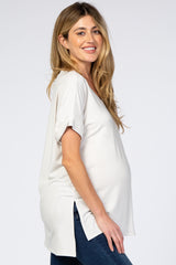 Light Beige V-Neck Cuffed Short Sleeve Maternity Top