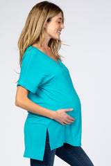 Turquoise V-Neck Cuffed Short Sleeve Maternity Top