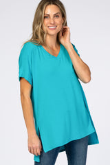 Turquoise V-Neck Cuffed Short Sleeve Maternity Top