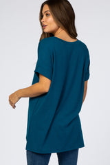Teal V-Neck Cuffed Short Sleeve Maternity Top