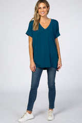 Teal V-Neck Cuffed Short Sleeve Top