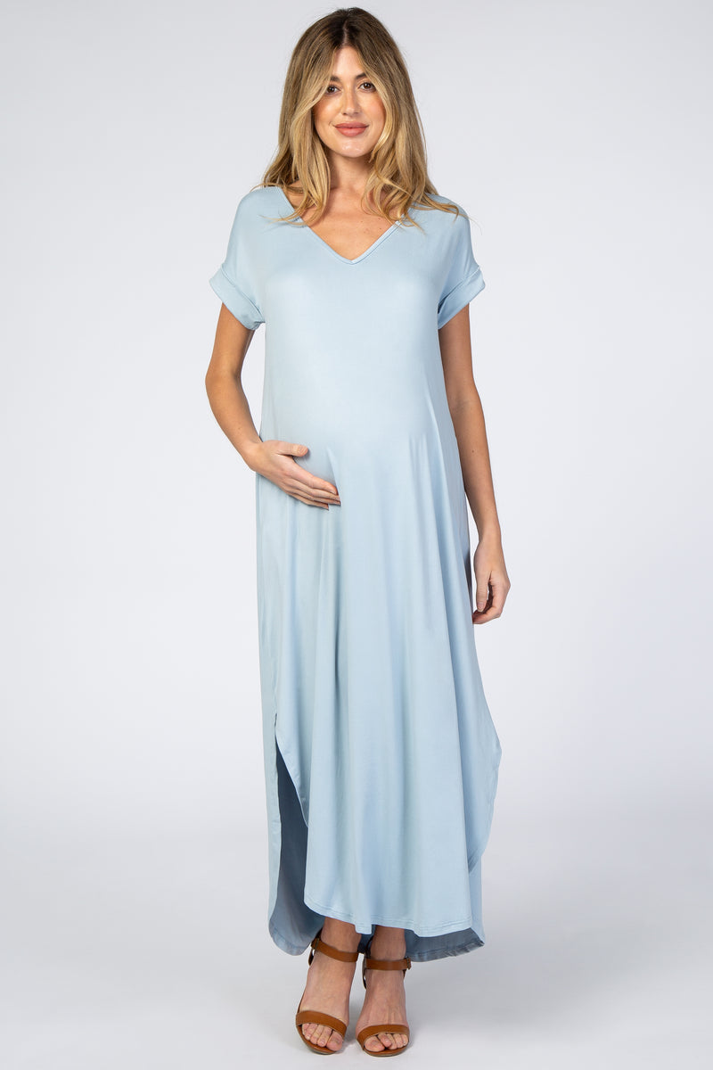 Light Blue Side Slit Maternity Maxi Dress– PinkBlush