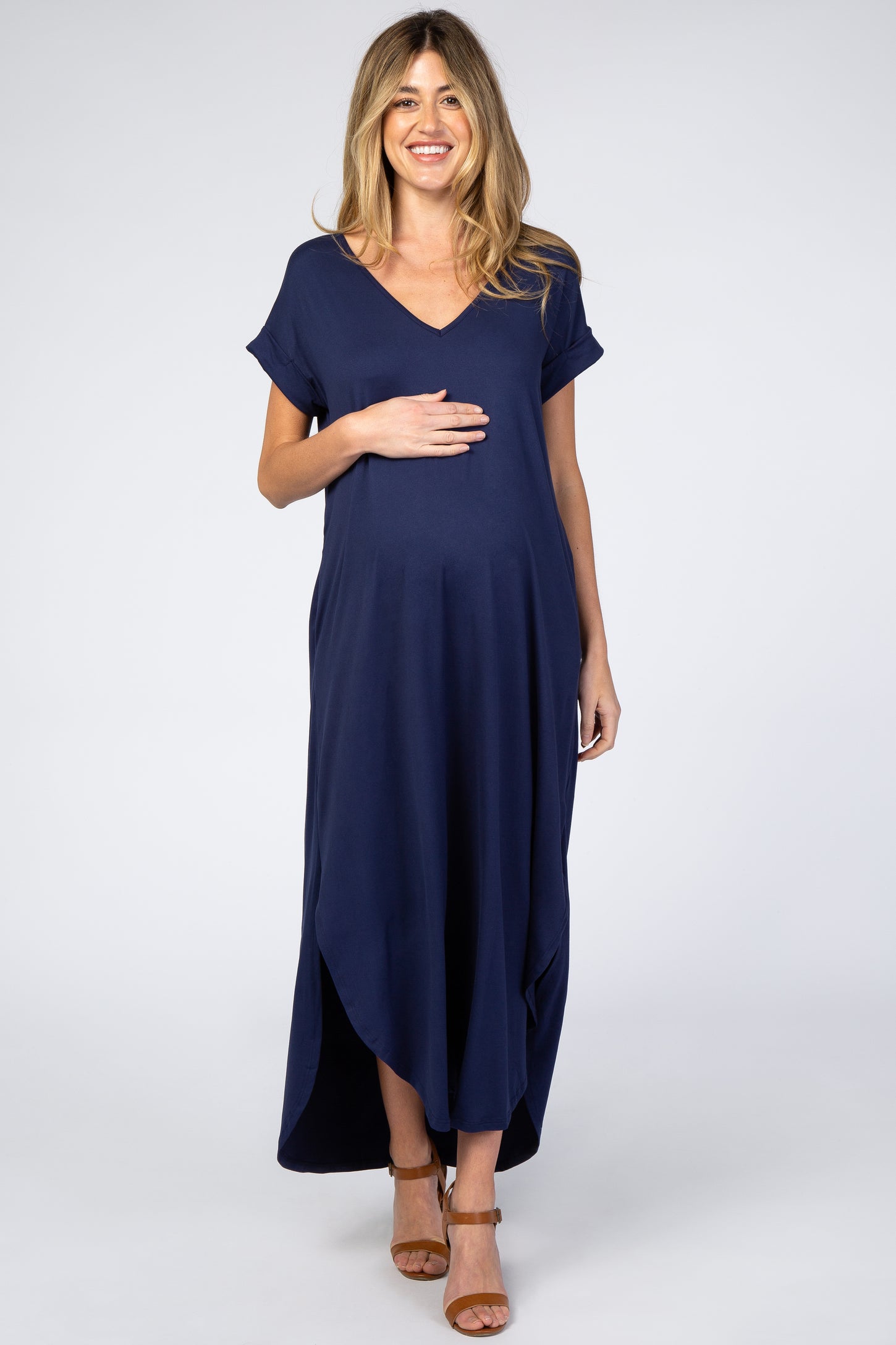 Navy Side Slit Maternity Maxi Dress