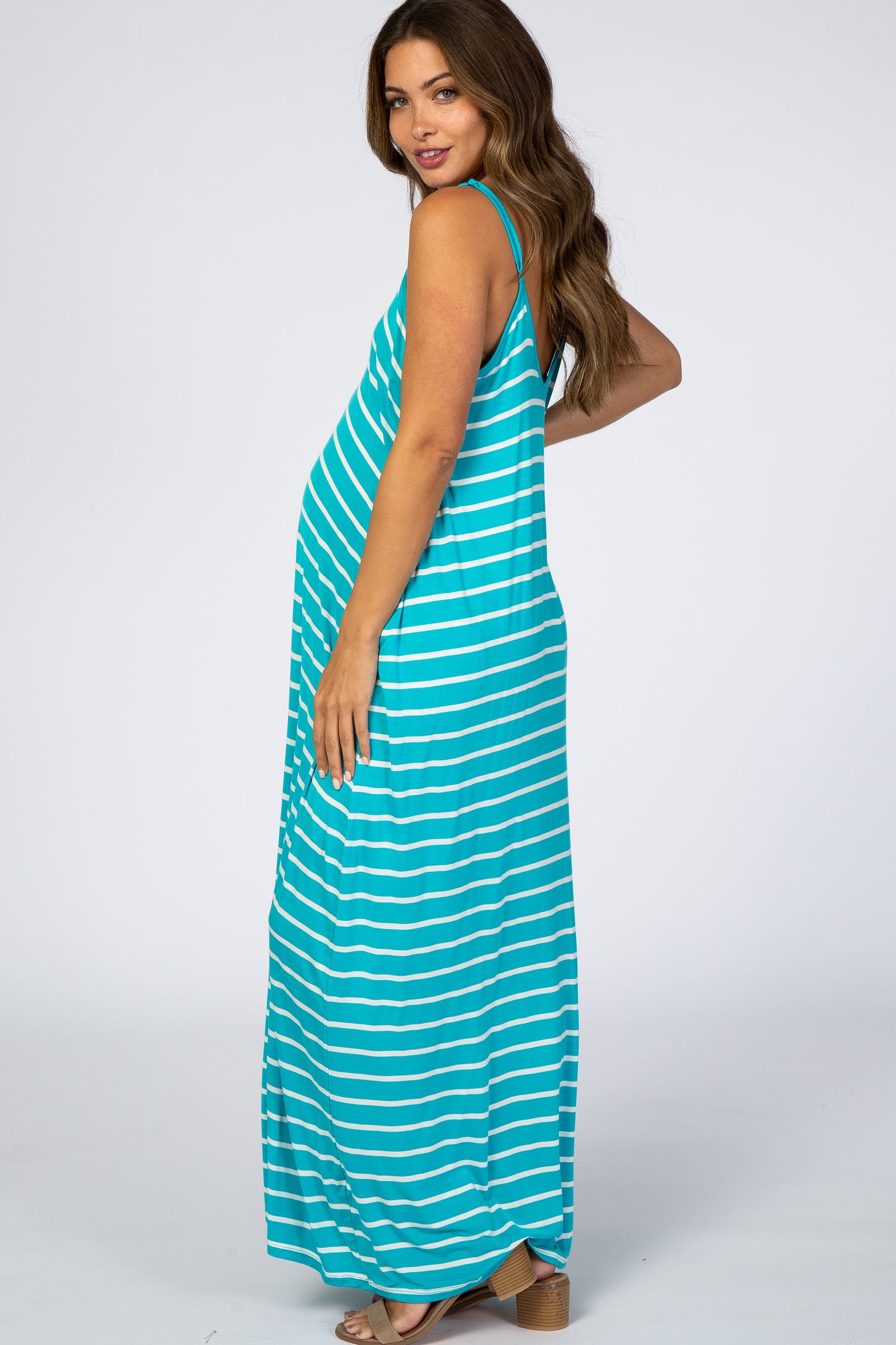 Aqua Striped Cami Strap Maternity Maxi Dress– PinkBlush