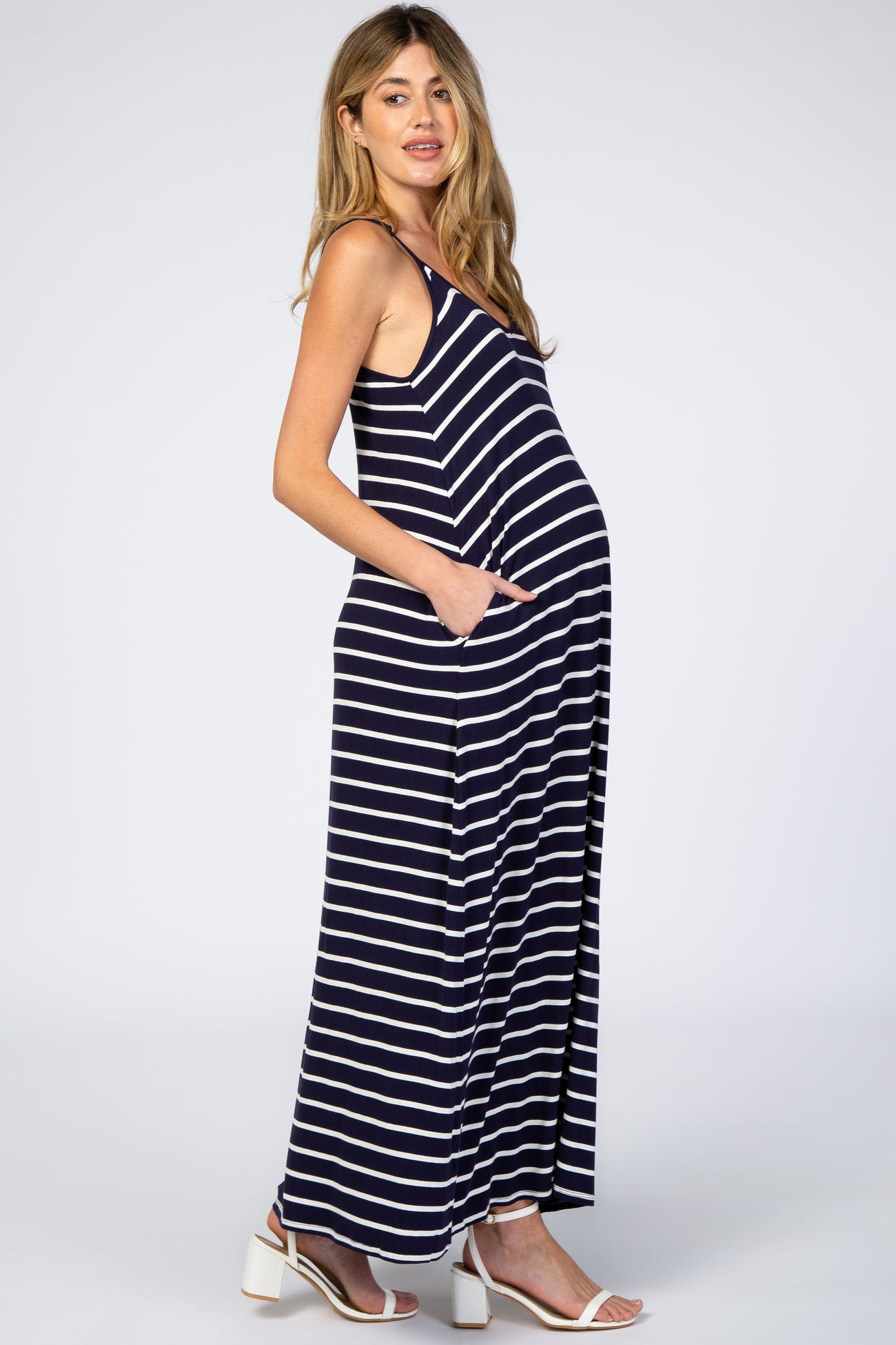 Navy Striped Cami Strap Maternity Maxi Dress – PinkBlush