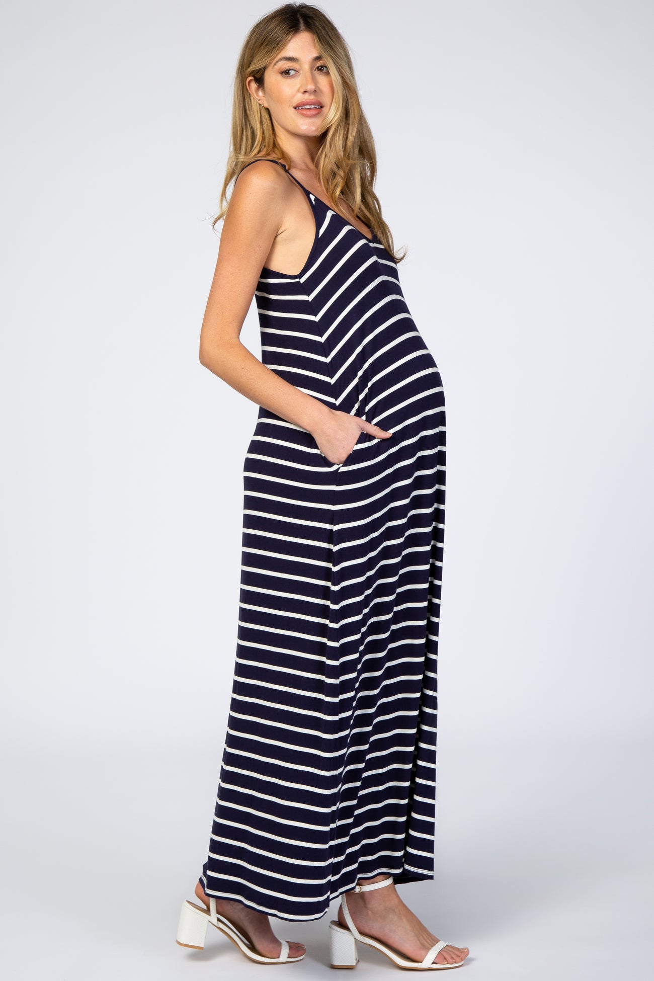 Navy Striped Cami Strap Maternity Maxi Dress PinkBlush
