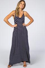 Navy Striped Cami Strap Maternity Maxi Dress