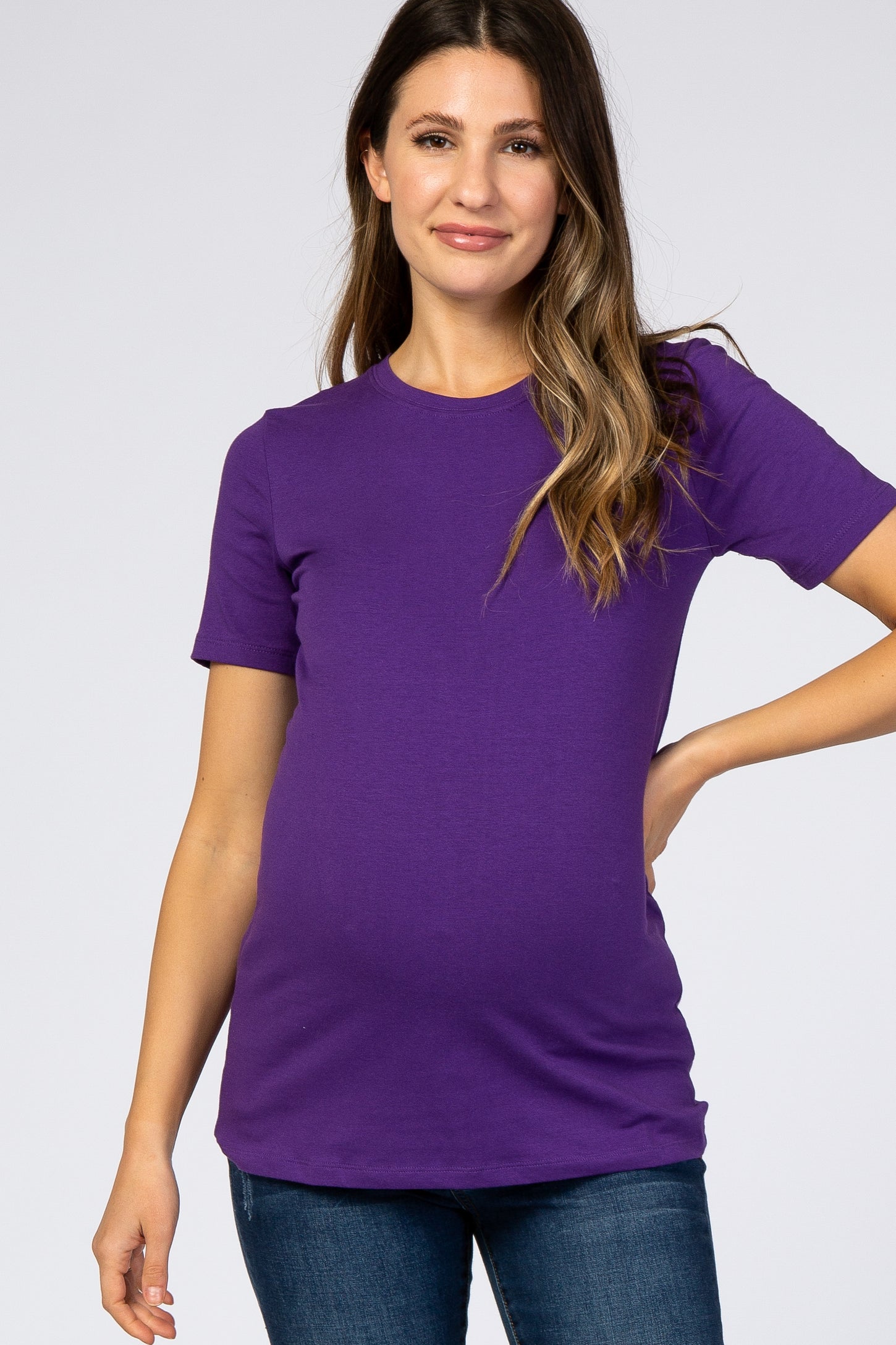 Purple Crew Neck Short Sleeve Maternity Top