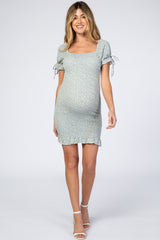 Light Blue Floral Smocked Fitted Maternity Mini Dress