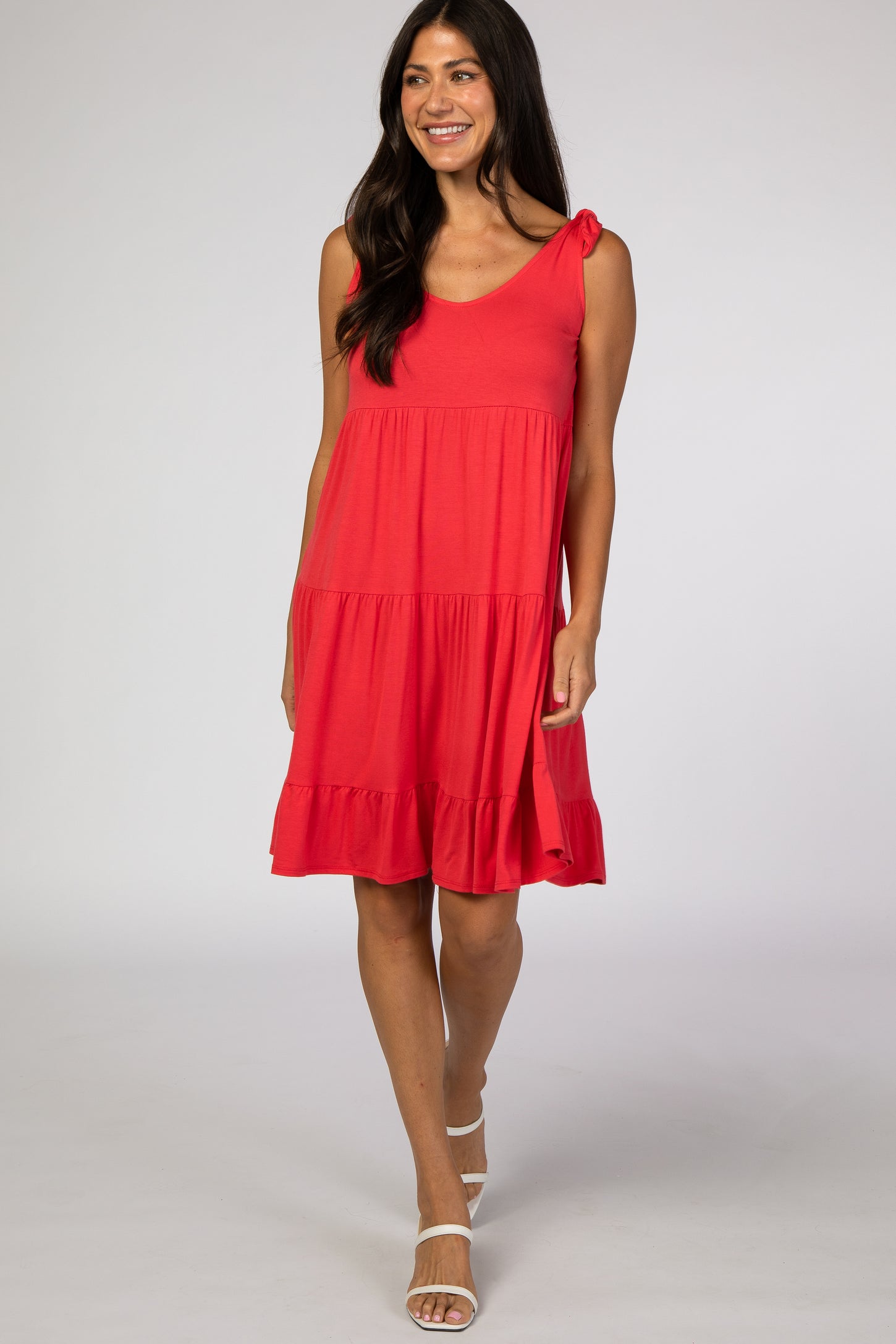 Coral Tiered Tie Sleeve Maternity Dress