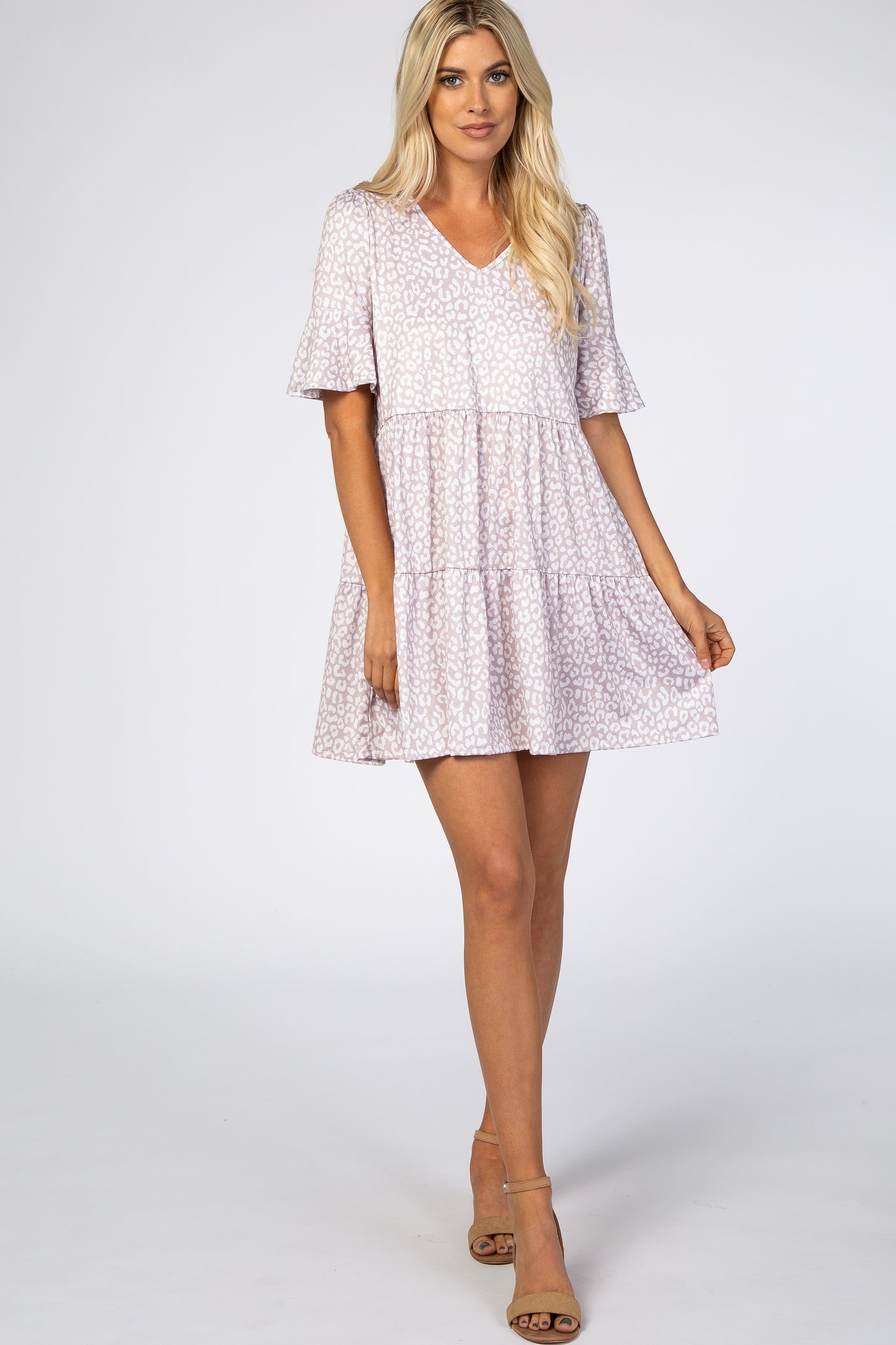 Taupe Animal Print Ruffle Sleeve Maternity Dress