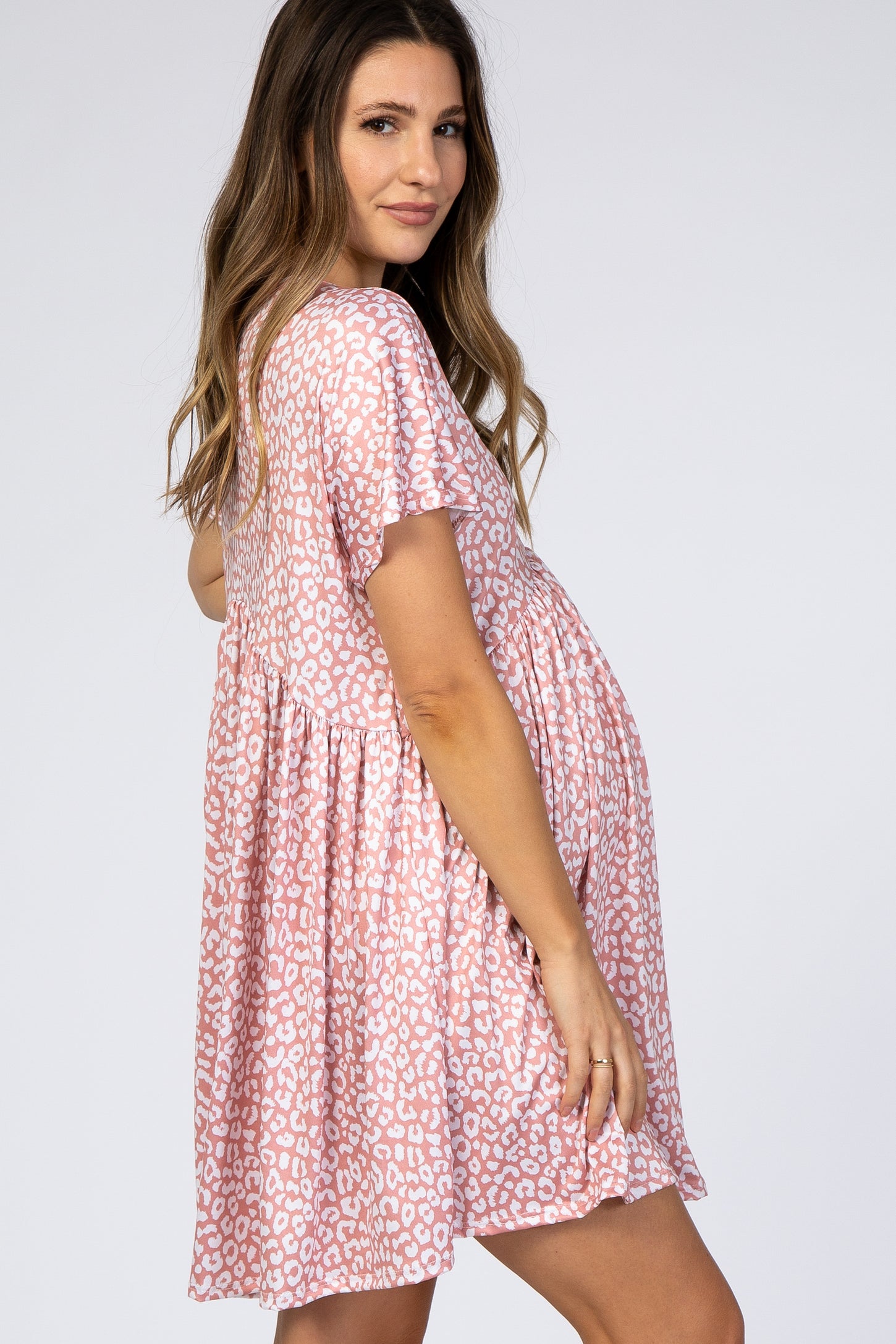 Peach Animal Print Short Sleeve Maternity Dress